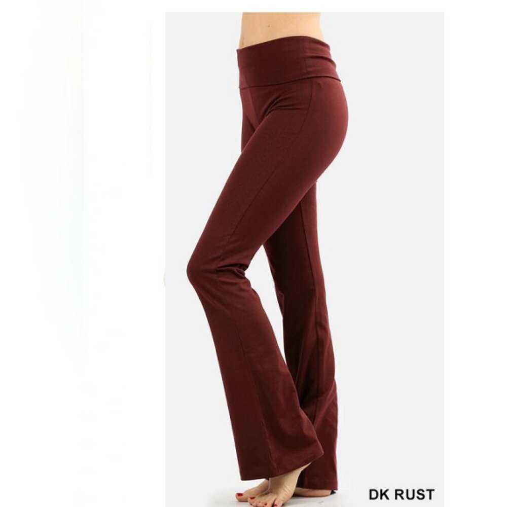 ZENANA PLUS PREMIUM COTTON FOLD OVER YOGA FLARE PANTS DK RUST S-M-L-…
